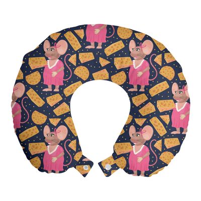 Ambesonne Animal Travel Pillow Neck Rest, Cartoon Animated Repeated Female Rat Girl Silhouettes and Spotted Cheese, Memory Foam Traveling Accessory for Airplane and Car, 12", Indigo Pink