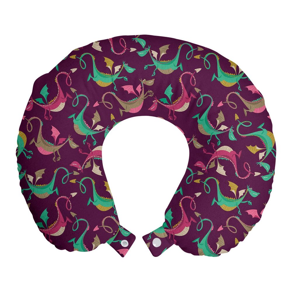 Ambesonne Dragon Travel Pillow Neck Rest, Mythological Fantasy Animals with a Funny Smile on Purple Background, Memory Foam Traveling Accessory for Airplane and Car, 12", Purple Teal