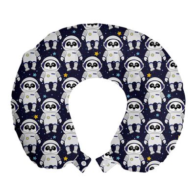 Ambesonne Space Travel Pillow Neck Rest, Cartoon Illustrated Repeating Panda Astronaut Characters Night Sky Stars, Memory Foam Traveling Accessory for Airplane and Car, 12", Indigo White