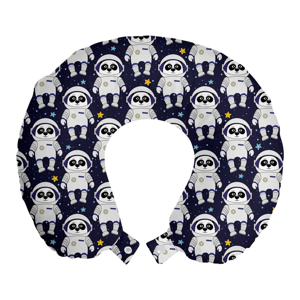 Ambesonne Space Travel Pillow Neck Rest, Cartoon Illustrated Repeating Panda Astronaut Characters Night Sky Stars, Memory Foam Traveling Accessory for Airplane and Car, 12", Indigo White