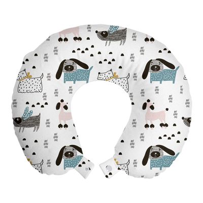 Ambesonne Scandinavian Travel Pillow Neck Rest, Pure Breed Dogs Pattern Yorkshire Terrier Poodle Monochrome Geometric Shapes, Memory Foam Traveling Accessory for Airplane and Car, 12", White
