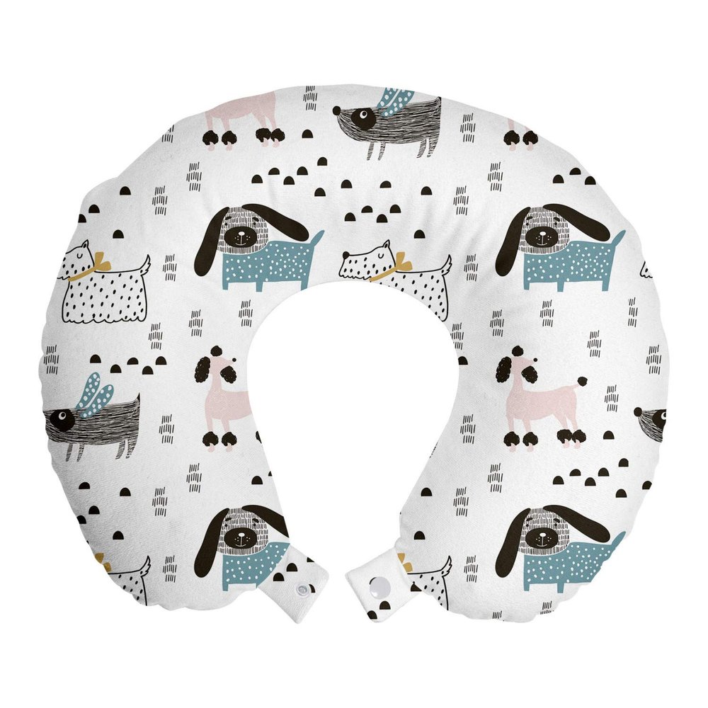 Ambesonne Scandinavian Travel Pillow Neck Rest, Pure Breed Dogs Pattern Yorkshire Terrier Poodle Monochrome Geometric Shapes, Memory Foam Traveling Accessory for Airplane and Car, 12", White