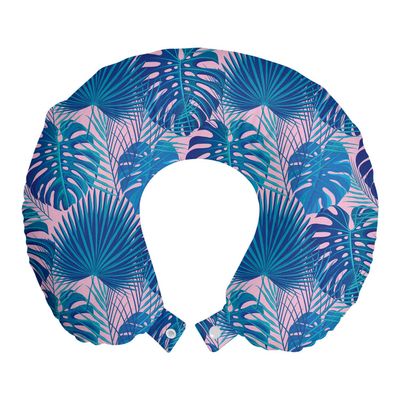 Ambesonne Tropical Travel Pillow Neck Rest, Exotic Palm Leaves Monochrome Composition of Nature Elements Pastel Background, Memory Foam Traveling Accessory for Airplane and Car, 12", Blue Pink
