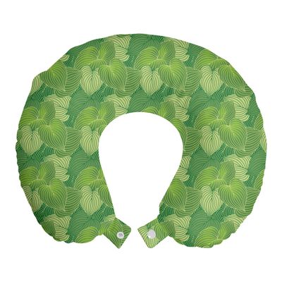 Ambesonne Green Travel Pillow Neck Rest, Abstract Hosta Plants Forest Growth Leaves Ecology Jungle Theme, Memory Foam Traveling Accessory for Airplane and Car, 12", Fern Lime and Pale Green