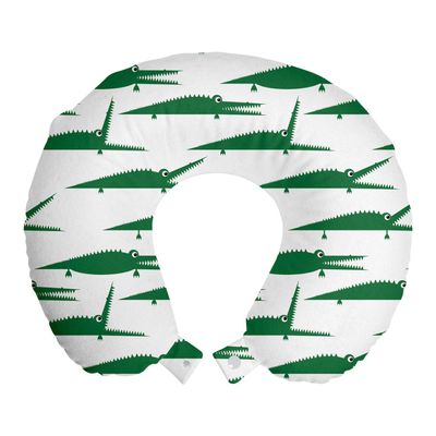 Ambesonne Crocodile Travel Pillow Neck Rest, Funny Green Alligator Animals in Cartoon Style Zoo Reptile Biting Characters, Memory Foam Traveling Accessory for Airplane and Car, 12", Green and White