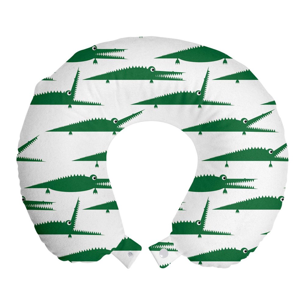 Ambesonne Crocodile Travel Pillow Neck Rest, Funny Green Alligator Animals in Cartoon Style Zoo Reptile Biting Characters, Memory Foam Traveling Accessory for Airplane and Car, 12", Green and White