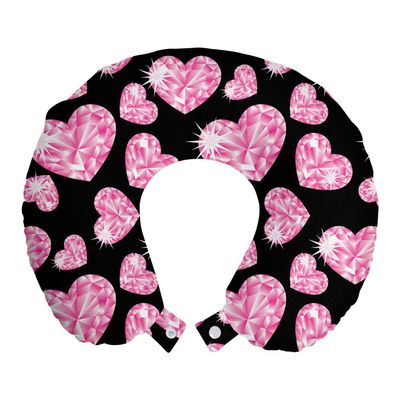 Ambesonne Diamonds Travel Pillow Neck Rest, Romantic Pink Heart Stones on Black Background Valentines Day Theme, Memory Foam Traveling Accessory for Airplane and Car, 12", Pale Pink Black