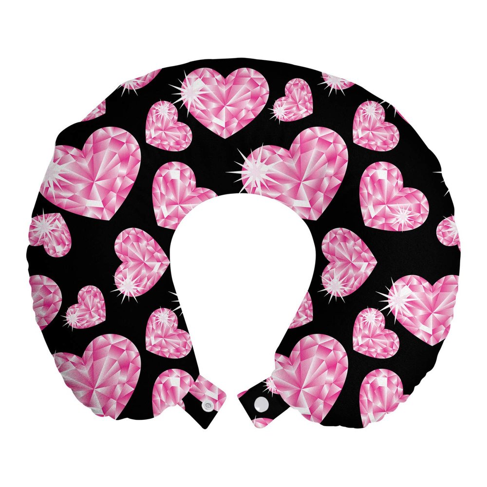 Ambesonne Diamonds Travel Pillow Neck Rest, Romantic Pink Heart Stones on Black Background Valentines Day Theme, Memory Foam Traveling Accessory for Airplane and Car, 12", Pale Pink Black