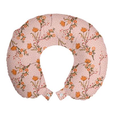 Ambesonne Floral Travel Pillow Neck Rest, Pastel Romantic Colored Wild Flowers Drawing on Polka Dotted Backdrop, Memory Foam Traveling Accessory for Airplane and Car, 12", Blush Camel