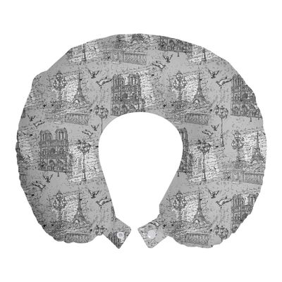 Ambesonne Paris Travel Pillow Neck Rest, Vintage Monochrome Image Seine River Notre Dame Doves Scenes from Europe, Memory Foam Traveling Accessory for Airplane and Car, 12", Grey Black White