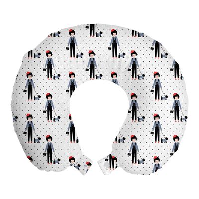 Ambesonne Scottie Dog Travel Pillow Neck Rest, Character with Hat Walking Her Dog on Polka Dotted Backdrop Print, Memory Foam Traveling Accessory for Airplane and Car, 12", Scarlet Black