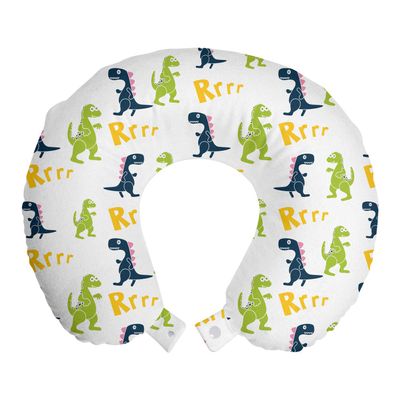 Ambesonne Dinosaur Party Travel Pillow Neck Rest, Happy Cartoon Dino Reptile Rrrr Text on Plain Pattern, Memory Foam Traveling Accessory for Airplane and Car, 12", Green Yellow