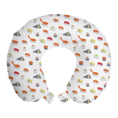 Ambesonne Sushi Travel Pillow Neck Rest, Traditional Japanese Dishes Concept Veggie Stuffed Sushi Rolls and Cavier Pattern, Memory Foam Traveling Accessory for Airplane and Car, 12", Orange Grey