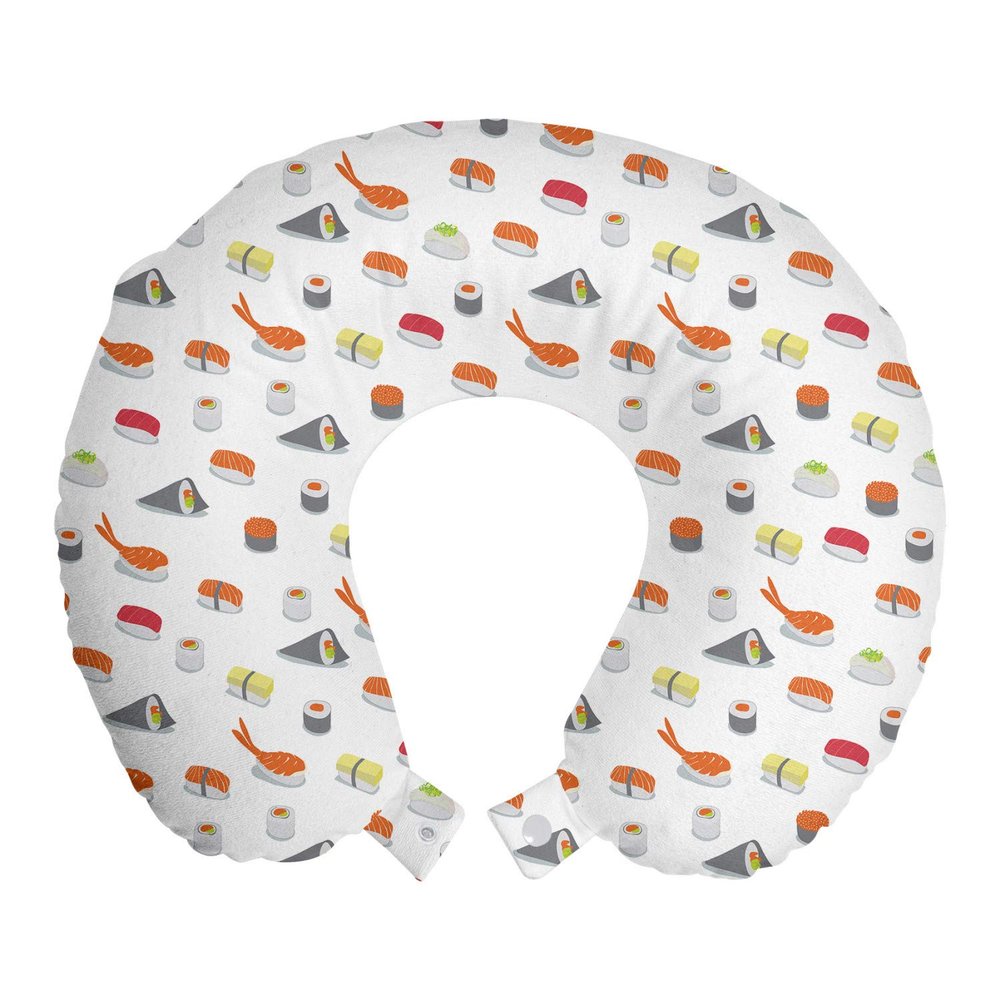 Ambesonne Sushi Travel Pillow Neck Rest, Traditional Japanese Dishes Concept Veggie Stuffed Sushi Rolls and Cavier Pattern, Memory Foam Traveling Accessory for Airplane and Car, 12", Orange Grey