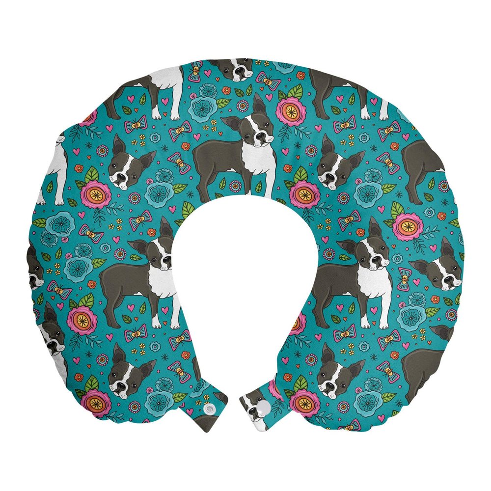 Ambesonne Dog Travel Pillow Neck Rest, Illustration of Boston Terrier Smiling Face Flowers Botanical Heart Butterfly, Memory Foam Traveling Accessory for Airplane and Car, 12", Teal Charcoal