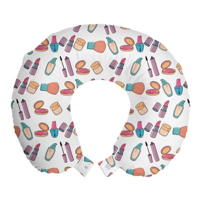 Ambesonne Colorful Travel Pillow Neck Rest, Hand Drawn Numerous Hand Care Mascara Nail Makeup Cosmetic Products Print, Memory Foam Traveling Accessory for Airplane and Car, 12", White Purple