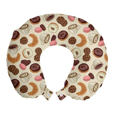 Ambesonne Dessert Travel Pillow Neck Rest, Patisserie Theme Pattern Chocolate Coated Donut Cookie Latte Croissant, Memory Foam Traveling Accessory for Airplane and Car, 12", Pink Brown