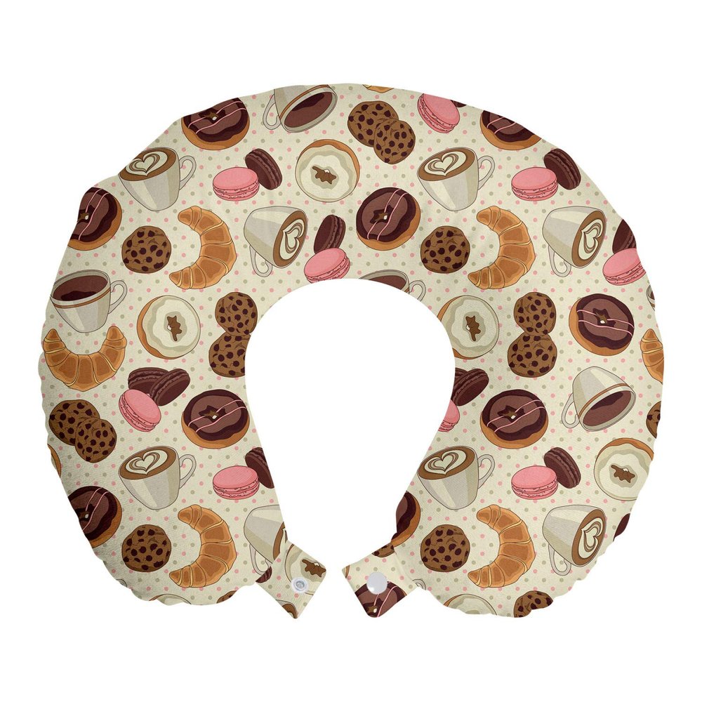 Ambesonne Dessert Travel Pillow Neck Rest, Patisserie Theme Pattern Chocolate Coated Donut Cookie Latte Croissant, Memory Foam Traveling Accessory for Airplane and Car, 12", Pink Brown