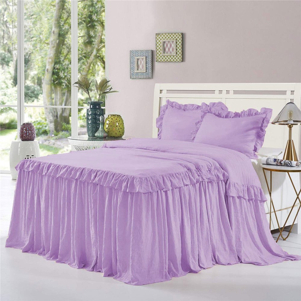 Bedding Empire 25" Drop 1 Piece Double Ruffle Bed Skirt/Bed Cover 100% Egyptian Cotton 500 TC Lilac Twin XL Size