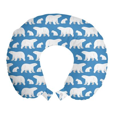 Ambesonne Polar Bear Travel Pillow Neck Rest, Bear Family Carnivore Nordic Mammals Cold Lands Wild Happy Character, Memory Foam Traveling Accessory for Airplane and Car, 12", Pale Blue White