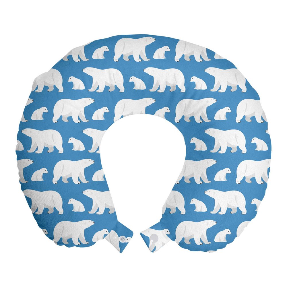 Ambesonne Polar Bear Travel Pillow Neck Rest, Bear Family Carnivore Nordic Mammals Cold Lands Wild Happy Character, Memory Foam Traveling Accessory for Airplane and Car, 12", Pale Blue White