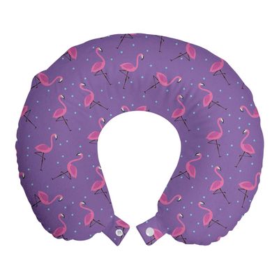 Ambesonne Flamingo Travel Pillow Neck Rest, Polka Dotted Purple Background with Pink Exotic Birds Design Minimalist, Memory Foam Traveling Accessory for Airplane and Car, 12", Pale Blue Violet Pink