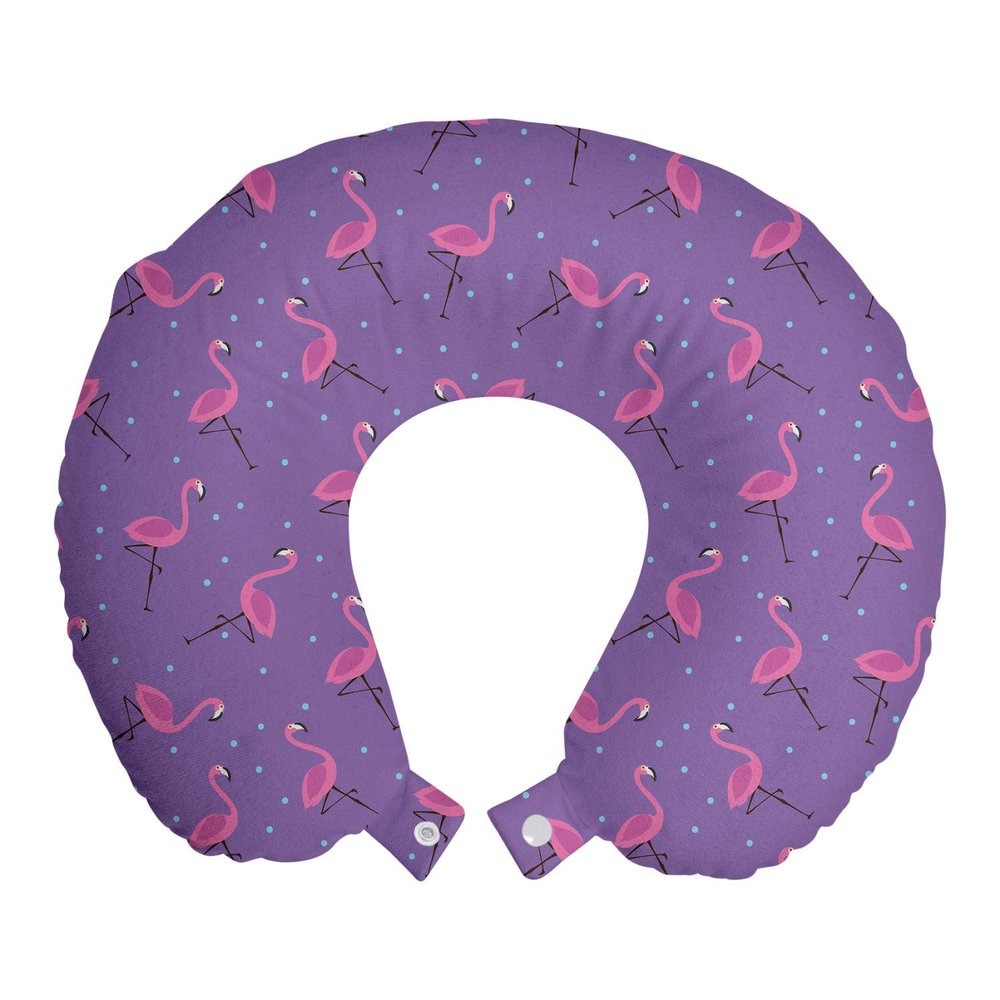 Ambesonne Flamingo Travel Pillow Neck Rest, Polka Dotted Purple Background with Pink Exotic Birds Design Minimalist, Memory Foam Traveling Accessory for Airplane and Car, 12", Pale Blue Violet Pink