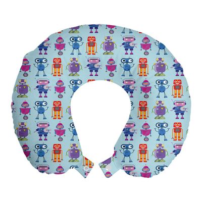 Ambesonne Alien Travel Pillow Neck Rest, Repeating Print of Colorful Robots Mechanical Design of Funny Shapes, Memory Foam Traveling Accessory for Airplane and Car, 12", Pale Blue and Multicolor