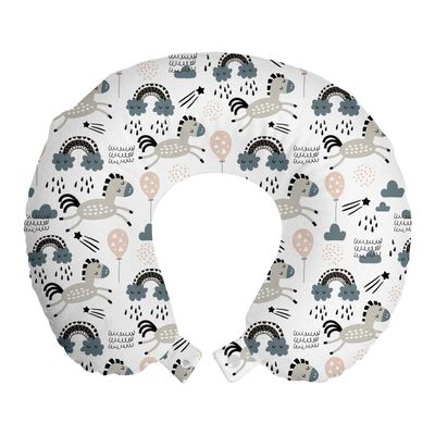 Ambesonne Cartoon Travel Pillow Neck Rest, Pattern of Horses Along Balloons and Rainbow Clouds Raindrops Shower, Memory Foam Traveling Accessory for Airplane and Car, 12", Blue Dust