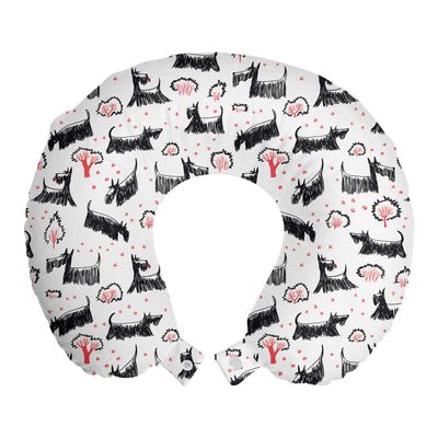 Ambesonne Scottie Dog Travel Pillow Neck Rest, Hand-Drawn Sketched and Scribbled Scotch Breeds Playing, Memory Foam Traveling Accessory for Airplane and Car, 12", Coral Charcoal