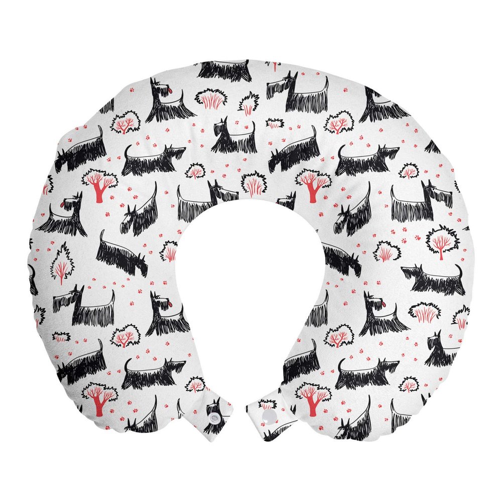 Ambesonne Scottie Dog Travel Pillow Neck Rest, Hand-Drawn Sketched and Scribbled Scotch Breeds Playing, Memory Foam Traveling Accessory for Airplane and Car, 12", Coral Charcoal