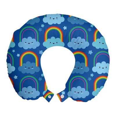 Ambesonne Cartoon Travel Pillow Neck Rest, Rainbow Clouds Along Stars Dreaming Sleeping Shower Night Time, Memory Foam Traveling Accessory for Airplane and Car, 12", Cobalt Blue