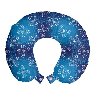 Ambesonne Butterfly Travel Pillow Neck Rest, Spring Animal Floral Blossoms Abstract Motif Dark Tones, Memory Foam Traveling Accessory for Airplane and Car, 12", Azure Blue