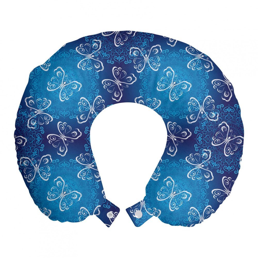 Ambesonne Butterfly Travel Pillow Neck Rest, Spring Animal Floral Blossoms Abstract Motif Dark Tones, Memory Foam Traveling Accessory for Airplane and Car, 12", Azure Blue