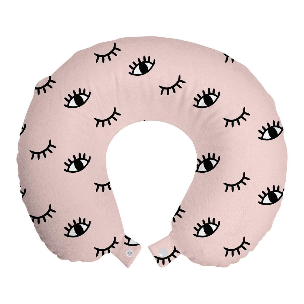 Ambesonne Eyelash Travel Pillow Neck Rest, Doodle Style Open and Closed Eyes Hand Drawn Sketch Abstract Kids Design, Memory Foam Traveling Accessory for Airplane and Car, 12", Rose Black White