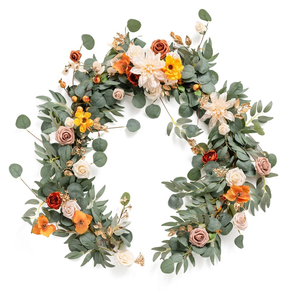 Ling's Moment Fall Flower Garland - 6FT Eucalyptus & Rose - Sweetheart Table Decor for Wedding Reception, Artificial Floral Garland for Mantle, Thanksgiving, Christmas Decoration, Sunset Terracotta