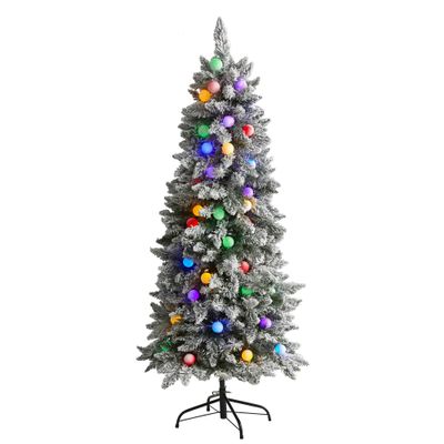 Nearly Natural 5ft. Flocked British Columbia Mountain Fir Artificial Christmas Tree in with 50 Multi Color Globe Bulbs and 379 Bendable Branches