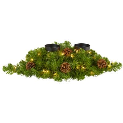 Nearly Natural 24in. Artificial Christmas Double Candelabrum with 35 Warm White Lights and Pine Cones