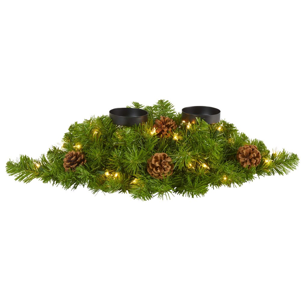 Nearly Natural 24in. Artificial Christmas Double Candelabrum with 35 Warm White Lights and Pine Cones