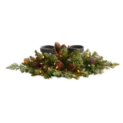 Nearly Natural 24in. Flocked Artificial Christmas Double Candelabrum with 35 Multicolored Lights and Pine Cones