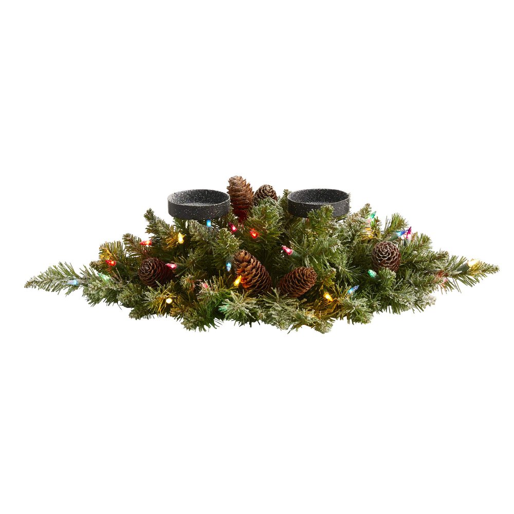 Nearly Natural 24in. Flocked Artificial Christmas Double Candelabrum with 35 Multicolored Lights and Pine Cones