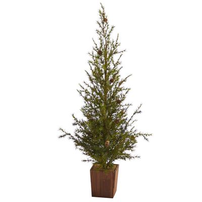 Nearly Natural 4ft. Alpine Natural Look Artificial Christmas Tree in Wood Planter with Pine Cones