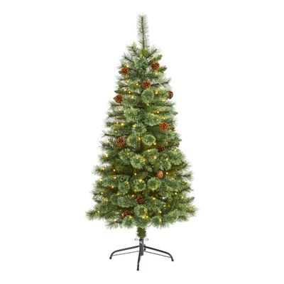 Nearly Natural 5ft. White Mountain Pine Artificial Christmas Tree with 200 Clear LED Lights and Pine Cones