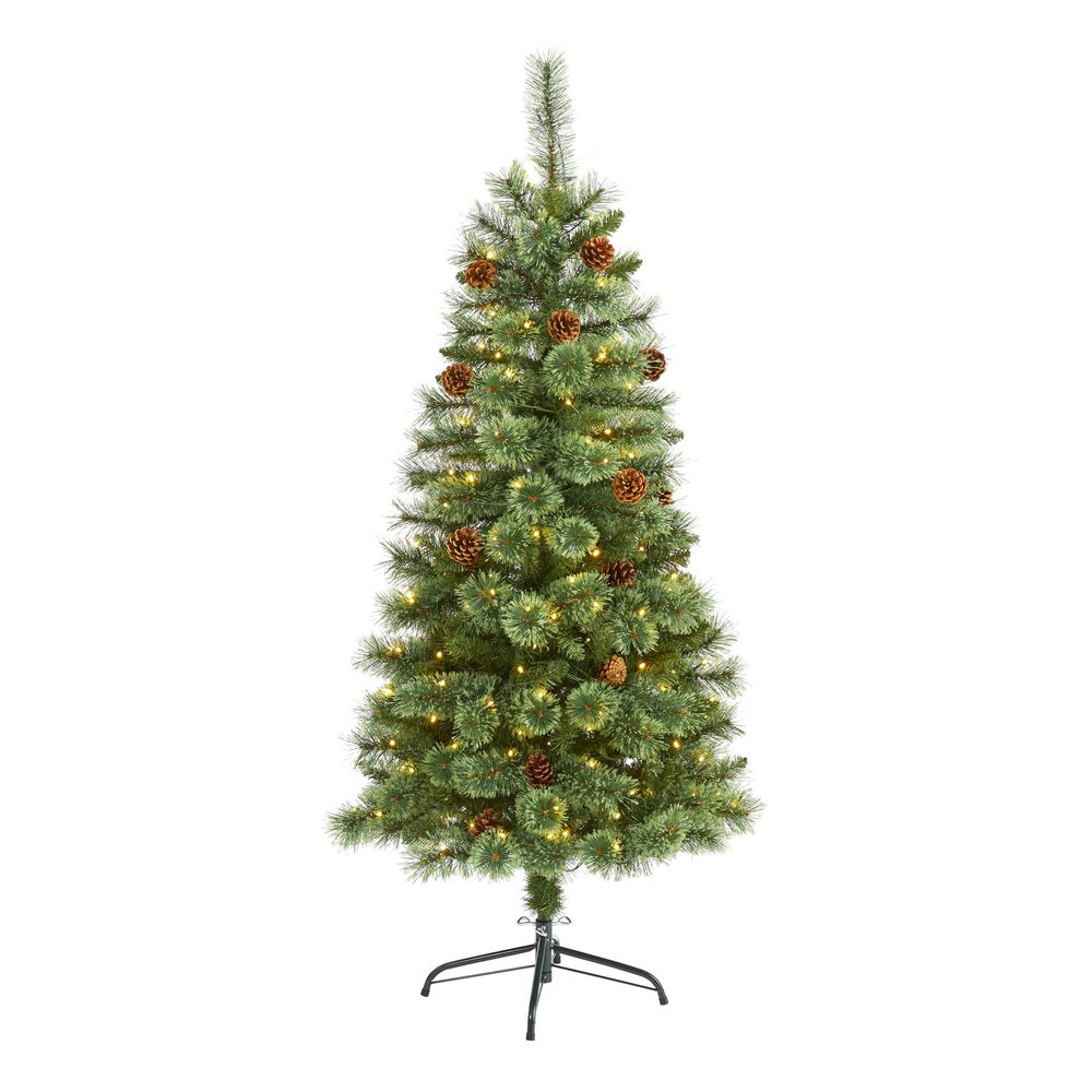 Nearly Natural 5ft. White Mountain Pine Artificial Christmas Tree with 200 Clear LED Lights and Pine Cones