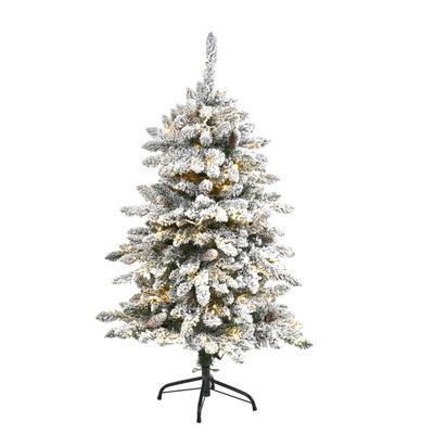Nearly Natural 4ft. Flocked Livingston Fir Artificial Christmas Tree with Pine Cones and 150 Clear Warm LED Lights