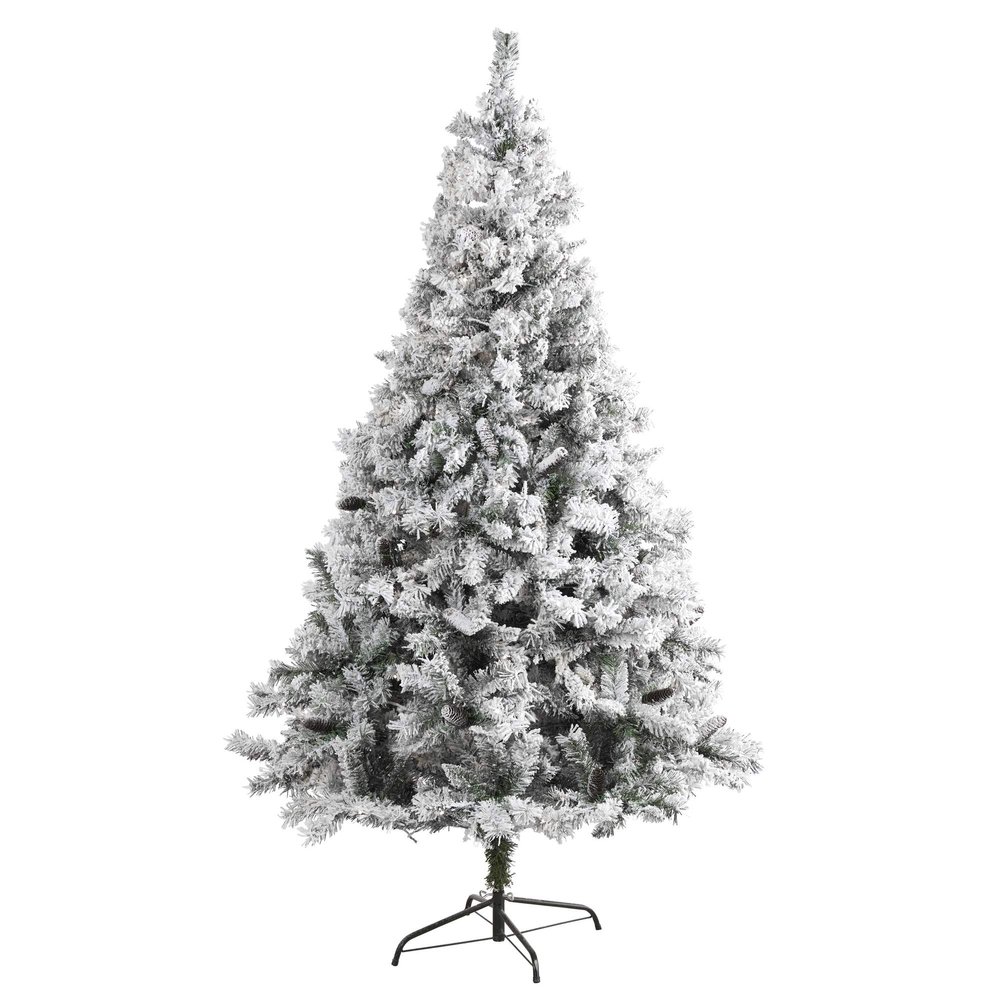 Nearly Natural 7ft. Flocked White River Mountain Pine Artificial Christmas Tree with Pinecones