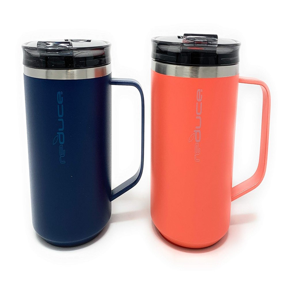 Reduce Dual Wall Vacuum Insulated 18/8 Stainless Steel 14oz Hot 1 Mug with Adjustable Flow Lid, 2 pack(Blue+Flamingo)