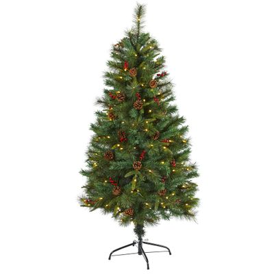 Nearly Natural 5ft. Mixed Pine Artificial Christmas Tree with 150 Clear LED Lights, Pine Cones and Berries