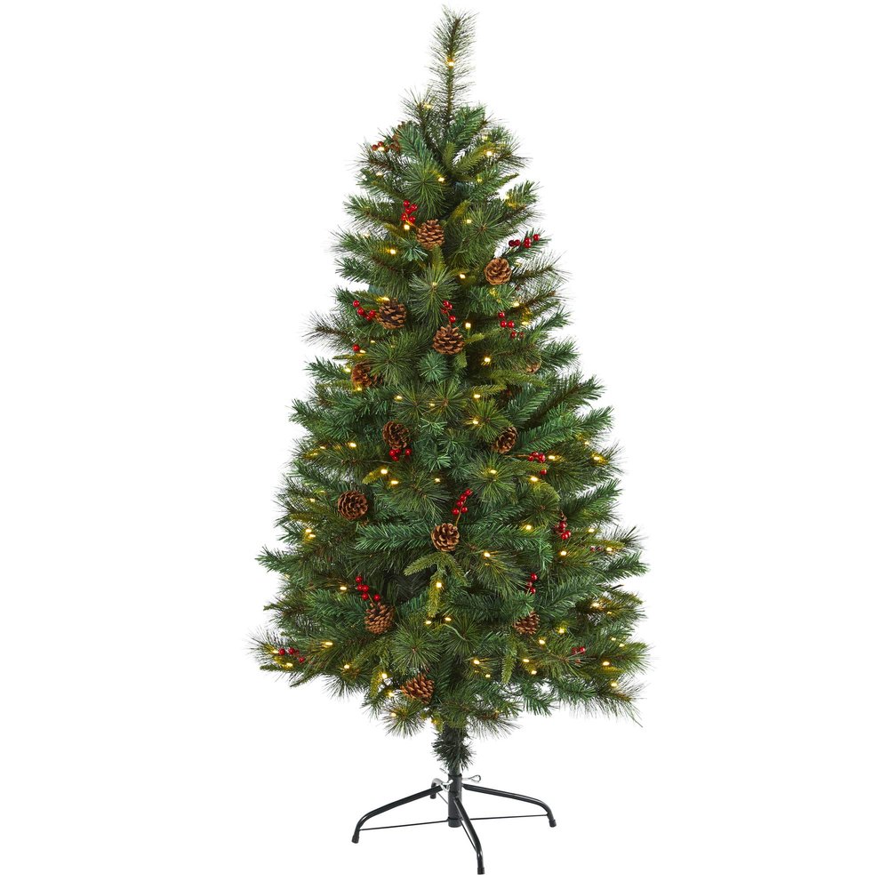 Nearly Natural 5ft. Mixed Pine Artificial Christmas Tree with 150 Clear LED Lights, Pine Cones and Berries