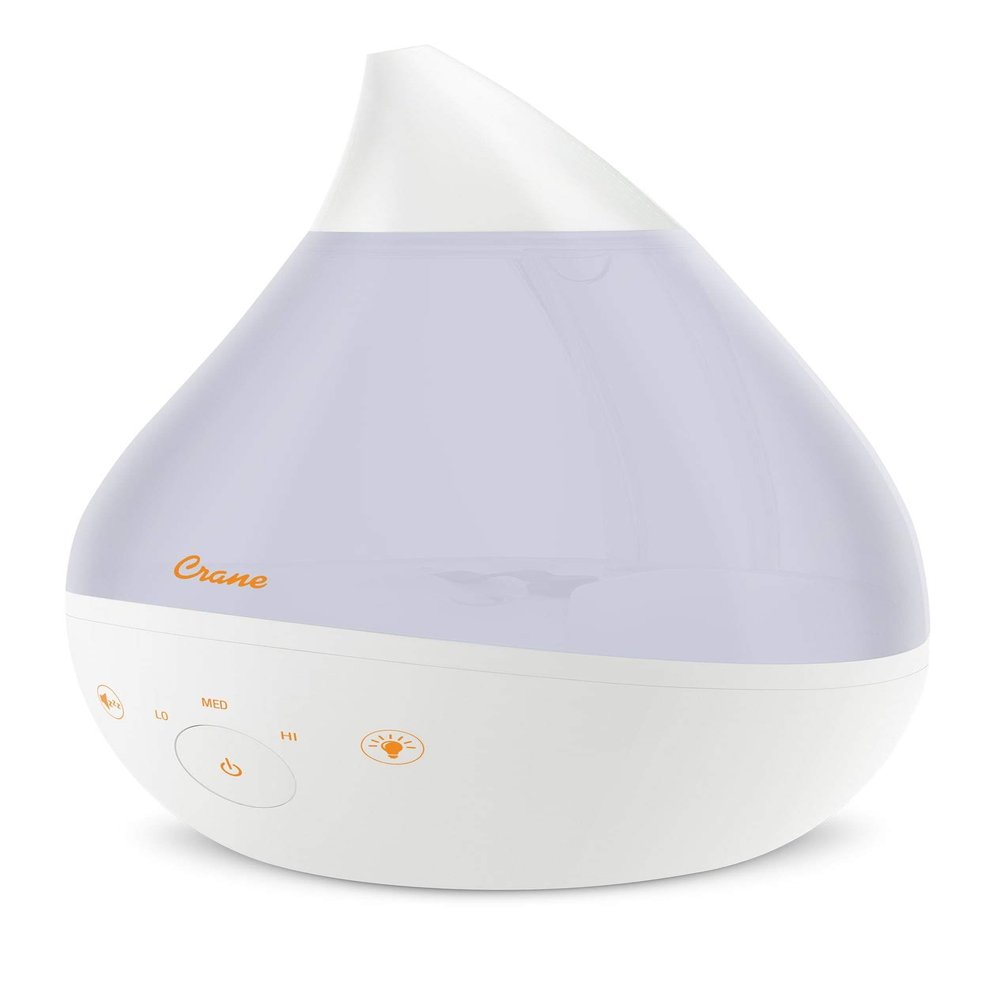 Crane 4-in-1 White Drop Ultrasonic Cool Mist Humidifier with Sound Machine, Night Light, Aroma Tray, 1 Gallon Top Fill White
